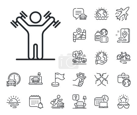 Illustration for Workout equipment sign. Plane jet, travel map and baggage claim outline icons. Man with Dumbbells line icon. Gym fit symbol. Dumbbells workout line sign. Car rental, taxi transport icon. Vector - Royalty Free Image