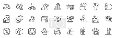 Illustration for Icons pack as Flag, Garage and Delivery man line icons for app include Fragile package, Tickets, Warning outline thin icon web set. Valet servant, Fake news, Roller coaster pictogram. Vector - Royalty Free Image