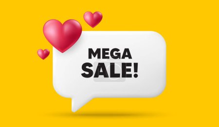 Illustration for Mega Sale tag. 3d speech bubble banner with hearts. Special offer price sign. Advertising Discounts symbol. Mega sale chat speech message. 3d offer talk box. Vector - Royalty Free Image