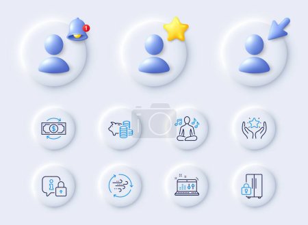 Illustration for Wind energy, Piggy bank and Yoga music line icons. Placeholder with 3d cursor, bell, star. Pack of Lock, Money change, Refrigerator icon. Sound check, Ranking pictogram. For web app, printing. Vector - Royalty Free Image