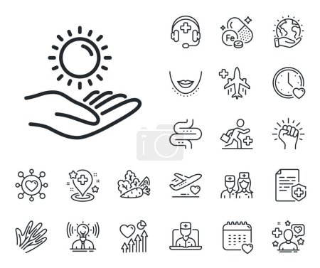 Illustration for Skin care sign. Online doctor, patient and medicine outline icons. Sun protection line icon. Sun protection line sign. Veins, nerves and cosmetic procedure icon. Intestine. Guts, colon health. Vector - Royalty Free Image