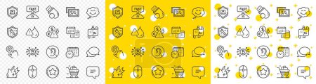 Illustration for Outline Grocery basket, Cursor and Calendar time line icons pack for web with Messenger, Waterproof, Bitcoin system line icon. Smile, Scroll down, Loyalty star pictogram icon. Vector - Royalty Free Image