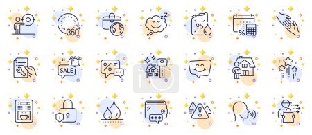 Illustration for Outline set of Repair document, Wallet and Food delivery line icons for web app. Include Coffee maker, Lock, Helping hand pictogram icons. Buying house, Petrol canister, Global business signs. Vector - Royalty Free Image
