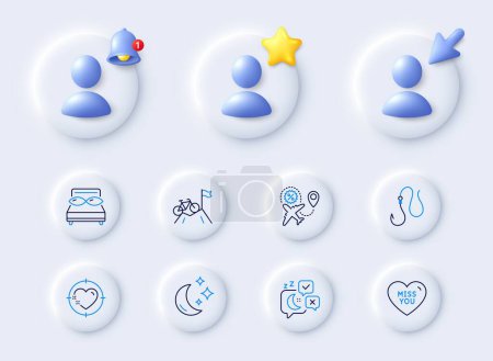 Illustration for Mountain bike, Hook and Pillows line icons. Placeholder with 3d cursor, bell, star. Pack of Heart target, Miss you, Sleep icon. Flight sale, Moon pictogram. For web app, printing. Vector - Royalty Free Image