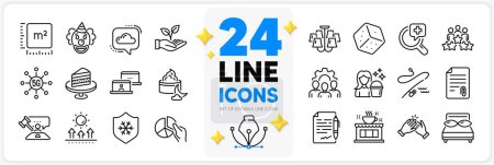 Illustration for Icons set of Fishing rod, Cake and Cleaning line icons pack for app with Medical analyzes, 5g technology, Night cream thin outline icon. Team work, Chandelier, Sun protection pictogram. Vector - Royalty Free Image