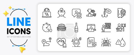 Illustration for Sports stadium, Genders and Online question line icons set for app include Auction, Business skill, Gift outline thin icon. Journey, Video conference, Fishing lure pictogram icon. Noise. Vector - Royalty Free Image