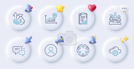Illustration for Cloud computing, Inclusion and Checklist line icons. Buttons with 3d bell, chat speech, cursor. Pack of Headshot, Employees messenger, 5g statistics icon. Inflation, Business podium pictogram. Vector - Royalty Free Image