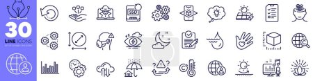 Illustration for Anxiety, International copyright and Lotus line icons pack. Augmented reality, Recovery ssd, International recruitment web icon. Medical mask, Stress, Celsius thermometer pictogram. Vector - Royalty Free Image