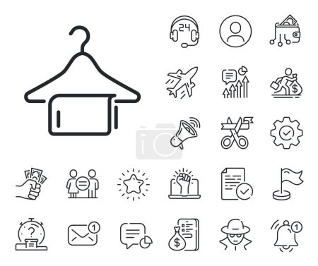 Illustration for Laundry hanger sign. Salaryman, gender equality and alert bell outline icons. Clean towel line icon. Clothing cleaner symbol. Clean towel line sign. Spy or profile placeholder icon. Vector - Royalty Free Image