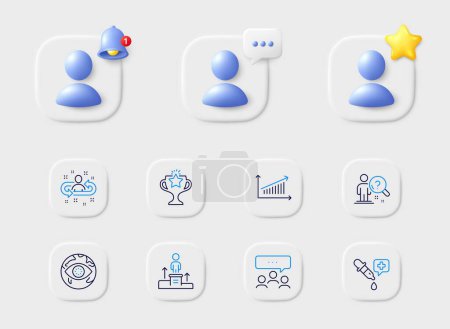 Illustration for Business podium, Search employee and Chart line icons. Placeholder with 3d star, reminder bell, chat. Pack of Chemistry pipette, Recruitment, Meeting icon. Cyber attack, Victory pictogram. Vector - Royalty Free Image