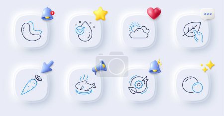 Illustration for Organic tested, Carrot and Cashew nut line icons. Buttons with 3d bell, chat speech, cursor. Pack of Water drop, Green energy, Fish dish icon. Peas, Sunny weather pictogram. Vector - Royalty Free Image