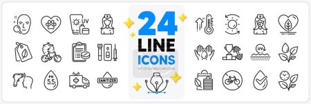 Illustration for Icons set of Wash hands, Nurse and Ph neutral line icons pack for app with Bike timer, Electronic thermometer, Dermatologically tested thin outline icon. Hand sanitizer, Face search. Vector - Royalty Free Image