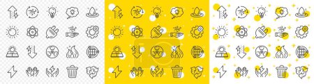 Illustration for Solar panels, wind energy and electric thunder bolt. Energy line icons. Fire flame, hazard, green ecology icons. Electric plug, thunderbolt, recycling trash can. Solar power. Vector - Royalty Free Image