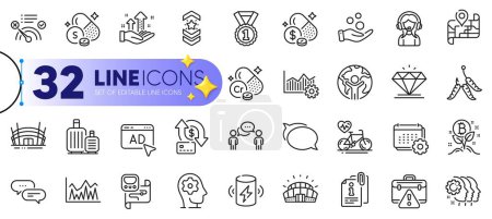 Illustration for Outline set of Attached info, Ad and Operational excellence line icons for web with Talk bubble, Maggots, Sulfur mineral thin icon. Money transfer, Analysis graph, Baggage pictogram icon. Vector - Royalty Free Image