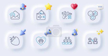 Illustration for Qr code, Like and Pets care line icons. Buttons with 3d bell, chat speech, cursor. Pack of Teamwork, Strawberry, People communication icon. Send mail, Wallet pictogram. For web app, printing. Vector - Royalty Free Image