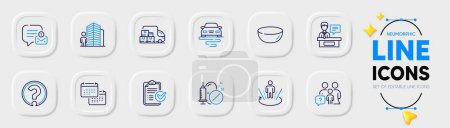 Illustration for Delivery truck, Survey checklist and Family questions line icons for web app. Pack of Bowl dish, Route, Medical drugs pictogram icons. Question mark, New message, Augmented reality signs. Vector - Royalty Free Image