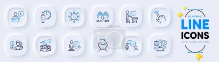 Illustration for Podium, Influence and Ethics line icons for web app. Pack of Buyer think, Waiting, Consulting business pictogram icons. Cursor, Mental health, Teamwork results signs. Search employee. Vector - Royalty Free Image