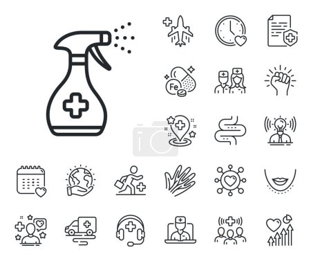Illustration for Antiseptic spray sign. Online doctor, patient and medicine outline icons. Medical cleaning line icon. Washing symbol. Medical cleaning line sign. Veins, nerves and cosmetic procedure icon. Vector - Royalty Free Image