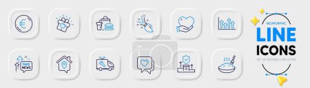 Illustration for Volunteer, Work home and Upper arrows line icons for web app. Pack of Porridge, Love gift, Heart pictogram icons. Brush, Car service, Fast food signs. Fake news, Euro money, Security agency. Vector - Royalty Free Image