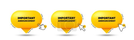 Illustration for Important announcement tag. Click here buttons. Special offer sign. Advertising discounts symbol. Important announcement speech bubble chat message. Talk box infographics. Vector - Royalty Free Image