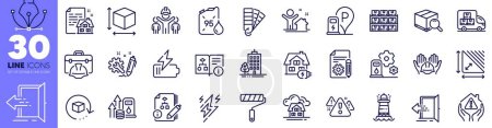 Boxes shelf, Lightning bolt and Triangle area line icons pack. Skyscraper buildings, Home charging, Palette web icon. Charging station, Entrance, Algorithm pictogram. Engineering team. Vector