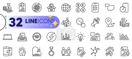 Illustration for Outline set of Megaphone, Timer app and Report line icons for web with Ranking stars, Cable section, Add team thin icon. Documents box, Time management, Journey pictogram icon. Vector - Royalty Free Image