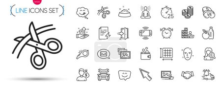 Illustration for Pack of Wallet money, Smile face and Square area line icons. Include Yummy smile, Salary, Timer pictogram icons. Vr, Power certificate, Entrance signs. Game console, Healthy food, Alarm clock. Vector - Royalty Free Image
