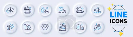 Illustration for Delivery notification, Petrol station and Car charging line icons for web app. Pack of Packing boxes, Bus travel, Boxes pallet pictogram icons. Rise price, Charging station, Open box signs. Vector - Royalty Free Image