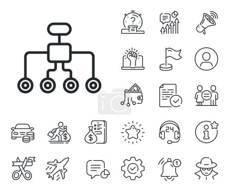 Illustration for Business architecture sign. Salaryman, gender equality and alert bell outline icons. Restructuring line icon. Delegate symbol. Restructuring line sign. Spy or profile placeholder icon. Vector - Royalty Free Image