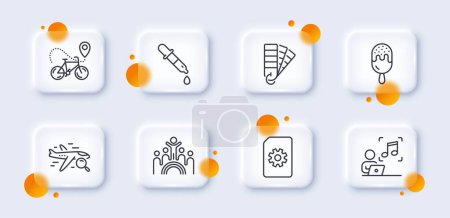 Illustration for Music, Chemistry pipette and Inclusion line icons pack. 3d glass buttons with blurred circles. Bike delivery, File management, Palette web icon. Ice cream, Search flight pictogram. Vector - Royalty Free Image