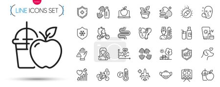 Illustration for Pack of Overeating pills, Bicycle and Medical shield line icons. Include Medical tablet, Laptop, Electronic thermometer pictogram icons. Moisturizing cream, Face search, Thermometer signs. Vector - Royalty Free Image