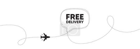 Illustration for Free delivery tag. Plane travel path line banner. Shipping and cargo service message. Business order icon. Free delivery speech bubble message. Plane location route. Dashed line. Vector - Royalty Free Image