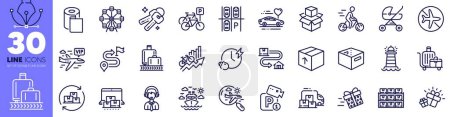Illustration for Present delivery, Delivery change and Journey line icons pack. Search flight, Parking security, Paper wallpaper web icon. Bicycle parking, Shipping support, Gift pictogram. Baggage cart. Vector - Royalty Free Image