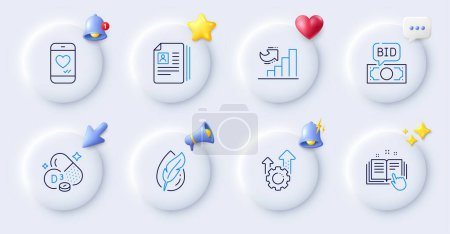 Illustration for Technical documentation, Bid offer and Love chat line icons. Buttons with 3d bell, chat speech, cursor. Pack of Cv documents, Hypoallergenic tested, Seo gear icon. Vector - Royalty Free Image