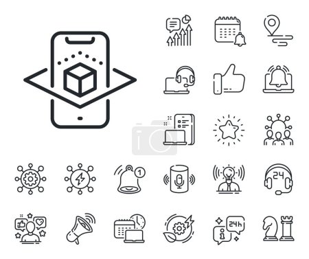 Illustration for VR simulation sign. Place location, technology and smart speaker outline icons. Augmented reality phone line icon. 3d cube symbol. Augmented reality line sign. Vector - Royalty Free Image