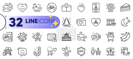 Illustration for Outline set of Moon, Christmas tree and Marketplace line icons for web with Cake, Circus, Shopping trolley thin icon. Honeymoon travel, Smile chat, Bike app pictogram icon. Vector - Royalty Free Image
