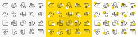 Illustration for Outline Mobile devices, Remove and Loyalty points line icons pack for web with Phone message, Delivery route, Medical phone line icon. Employee results, Scroll down. Vector - Royalty Free Image