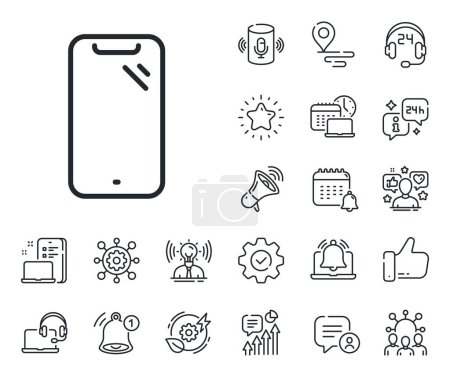 Illustration for Phone sign. Place location, technology and smart speaker outline icons. Smartphone line icon. Mobile device symbol. Smartphone line sign. Influencer, brand ambassador icon. Vector - Royalty Free Image
