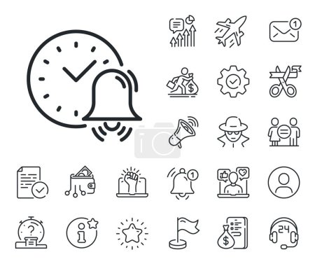 Illustration for Time or watch sign. Salaryman, gender equality and alert bell outline icons. Alarm bell line icon. Alarm bell line sign. Spy or profile placeholder icon. Online support, strike. Vector - Royalty Free Image
