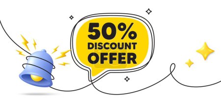 Illustration for 50 percent discount tag. Continuous line art banner. Sale offer price sign. Special offer symbol. Discount speech bubble background. Wrapped 3d bell icon. Vector - Royalty Free Image