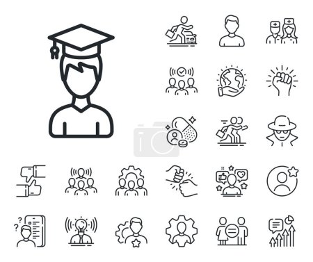 Illustration for Education sign. Specialist, doctor and job competition outline icons. Man in Graduation cap line icon. Student hat symbol. Student line sign. Avatar placeholder, spy headshot icon. Vector - Royalty Free Image