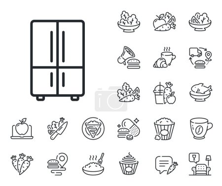 Illustration for Fridge sign. Crepe, sweet popcorn and salad outline icons. Two-chamber refrigerator line icon. Freezer storage symbol. Refrigerator line sign. Pasta spaghetti, fresh juice icon. Supply chain. Vector - Royalty Free Image