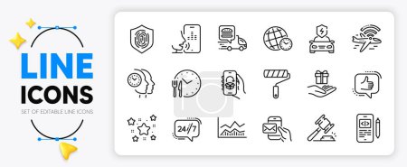 Illustration for Airplane wifi, Stars and Paint roller line icons set for app include Trade infochart, 24h service, Food time outline thin icon. Like, Messenger mail, Loyalty program pictogram icon. Vector - Royalty Free Image