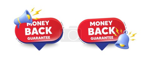 Illustration for Money back guarantee tag. Speech bubbles with 3d bell, megaphone. Promo offer sign. Advertising promotion symbol. Money back guarantee chat speech message. Red offer talk box. Vector - Royalty Free Image