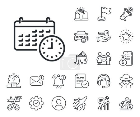 Illustration for Clock or watch sign. Salaryman, gender equality and alert bell outline icons. Time and calendar line icon. Calendar line sign. Spy or profile placeholder icon. Online support, strike. Vector - Royalty Free Image