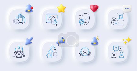 Illustration for Face verified, Like photo and Teamwork questions line icons. Buttons with 3d bell, chat speech, cursor. Pack of Court jury, Employee result, Music icon. Vector - Royalty Free Image