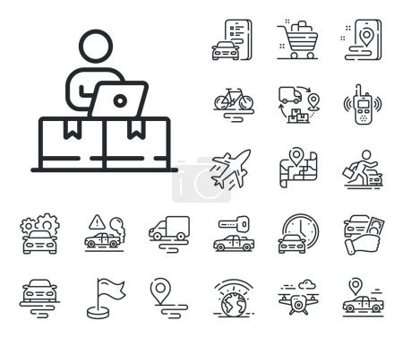 Illustration for Internet delivery sign. Plane, supply chain and place location outline icons. Online storage line icon. Mobile device service symbol. Online storage line sign. Taxi transport, rent a bike icon. Vector - Royalty Free Image