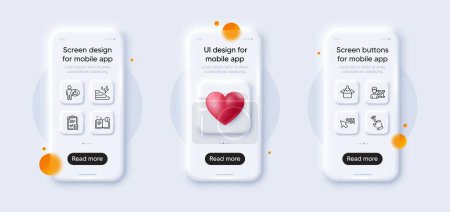 Illustration for Quick tips, Accounting checklist and Like line icons pack. 3d phone mockups with heart. Glass smartphone screen. Consumption growth, Get box, Success business web icon. Vector - Royalty Free Image