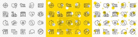 Illustration for Outline Calendar, Chat message and Electricity line icons pack for web with Yummy smile, Online test, Eye target line icon. Phone search, Cogwheel timer, Co2 gas pictogram icon. Vector - Royalty Free Image