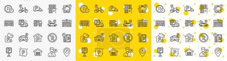 Illustration for Car garage, Valet servant and Paid transport parking icons. Parking line icons. Video monitoring, Bike or Car park and Truck or Bus transport garage. Money payment, Map pointer and Free park. Vector - Royalty Free Image